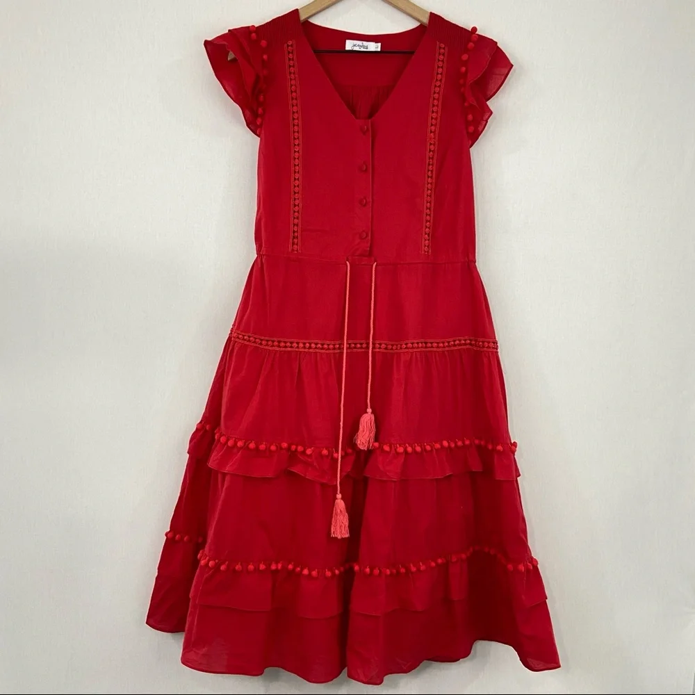 Boutique Large Red Tiered Pom Pom Ruffle Midi Dress - Picture 3 of 12
